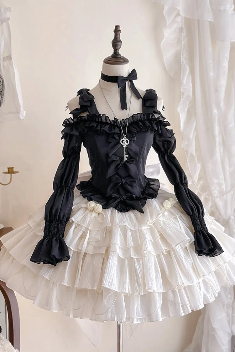 Black Top and Apricot Bowknot Sweet Princess Lolita Layered Skirt Dress