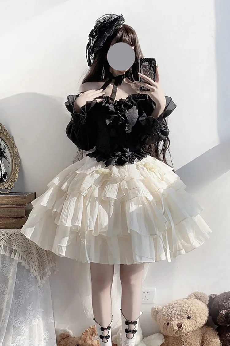 Black Top and Apricot Bowknot Sweet Princess Lolita Layered Skirt Dress