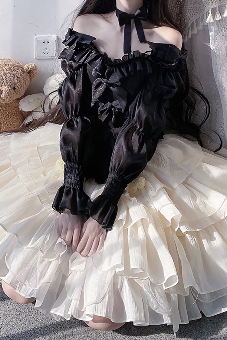 Black Top and Apricot Bowknot Sweet Princess Lolita Layered Skirt Dress