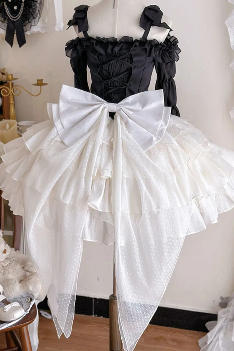 Black Top and Apricot Bowknot Sweet Princess Lolita Layered Skirt Dress