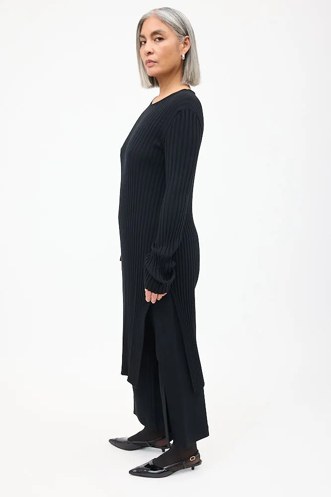 Black Wool Ribbed Knit Midi Dress