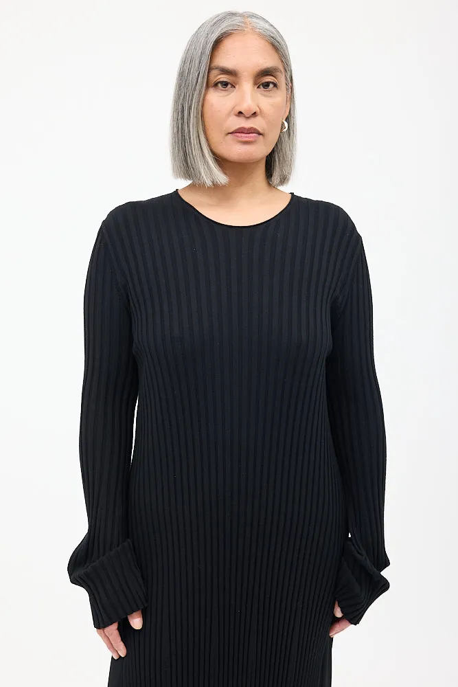 Black Wool Ribbed Knit Midi Dress