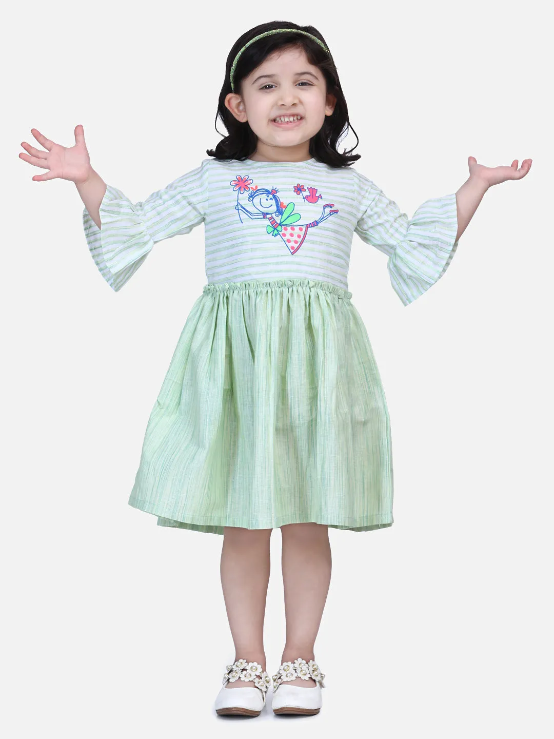 Blue Embroidered Bell Sleeve Dress Green Embroidered Bell Sleeve Dress