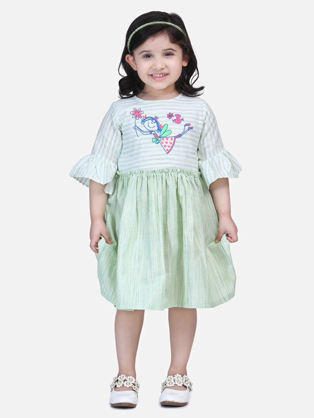 Blue Embroidered Bell Sleeve Dress Green Embroidered Bell Sleeve Dress