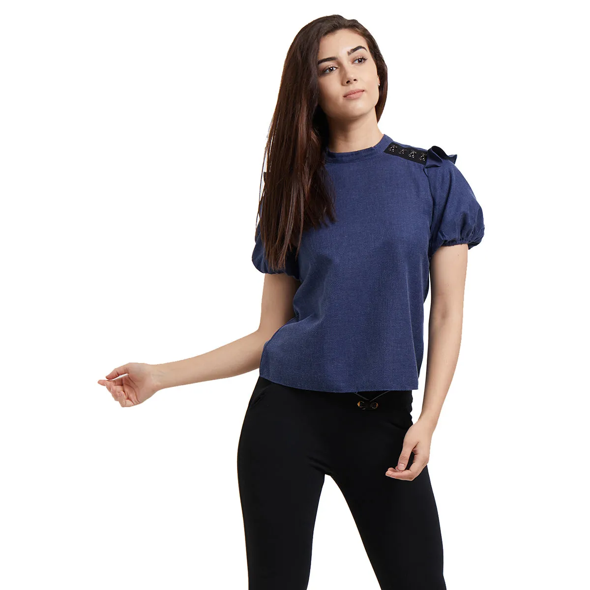 Blue Solid Top With Tie-up Neck