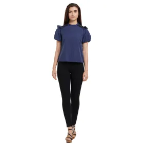Blue Solid Top With Tie-up Neck