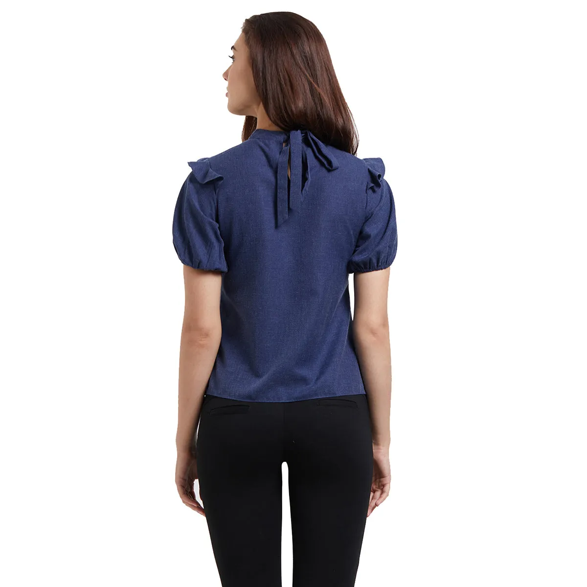 Blue Solid Top With Tie-up Neck