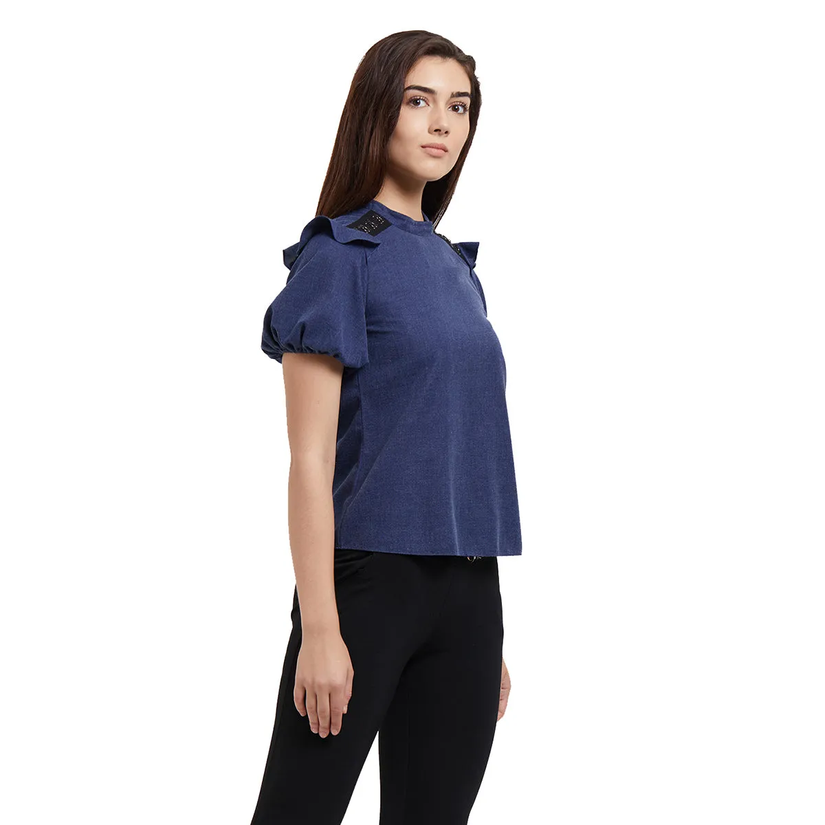 Blue Solid Top With Tie-up Neck