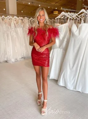 Bodycon Sequin Homecoming Dresses Off Shoulder Feather Cocktail Dress SD1514