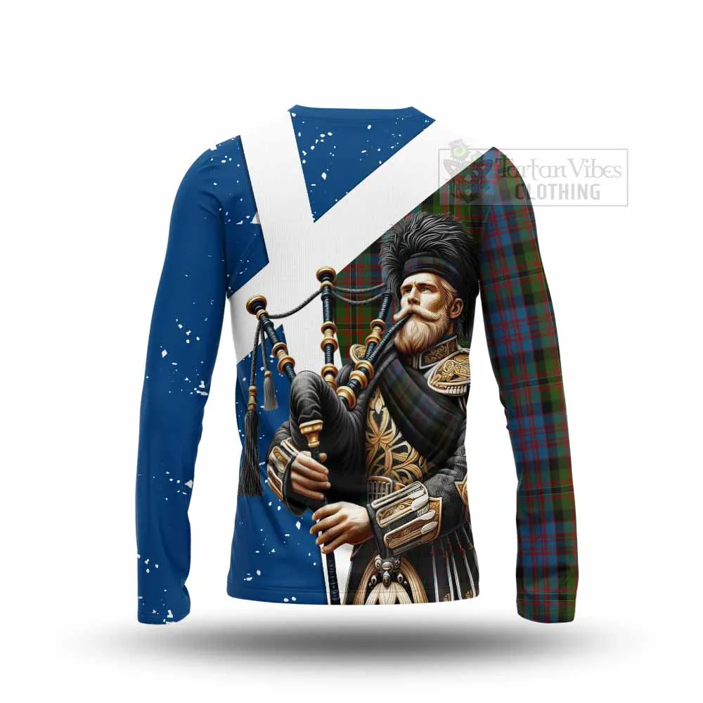 Bowie Tartan Long Sleeve T-Shirt with Family Crest Scottish Bagpiper Vibes