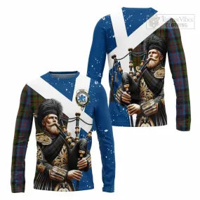 Bowie Tartan Long Sleeve T-Shirt with Family Crest Scottish Bagpiper Vibes