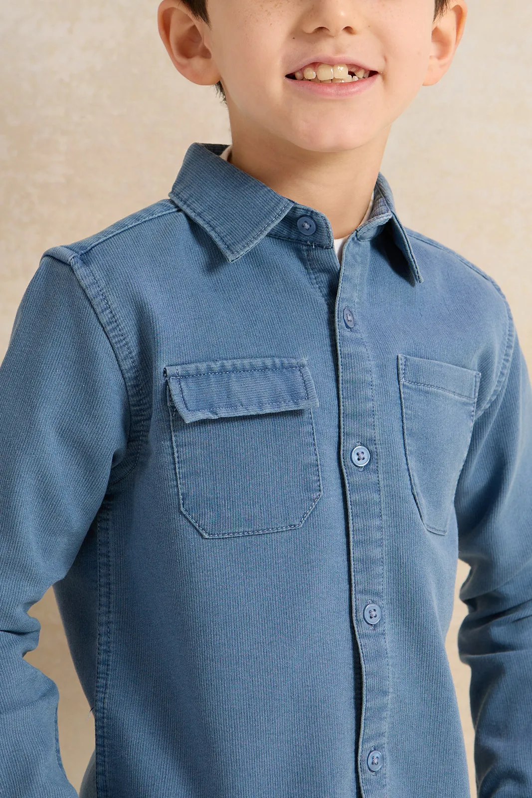 Boys Blue And White Shirt With T-Shirt Set (2 Piece)