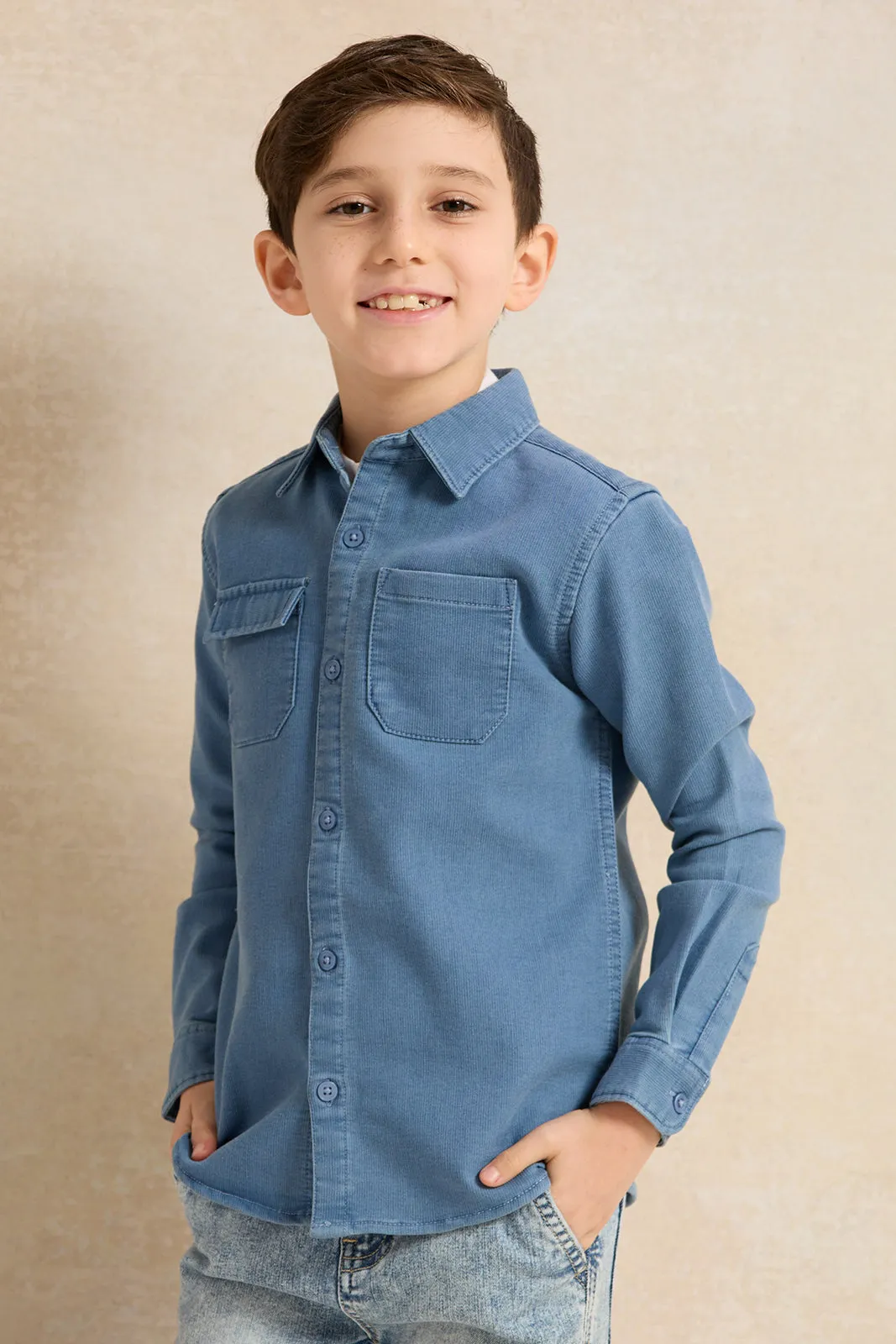 Boys Blue And White Shirt With T-Shirt Set (2 Piece)