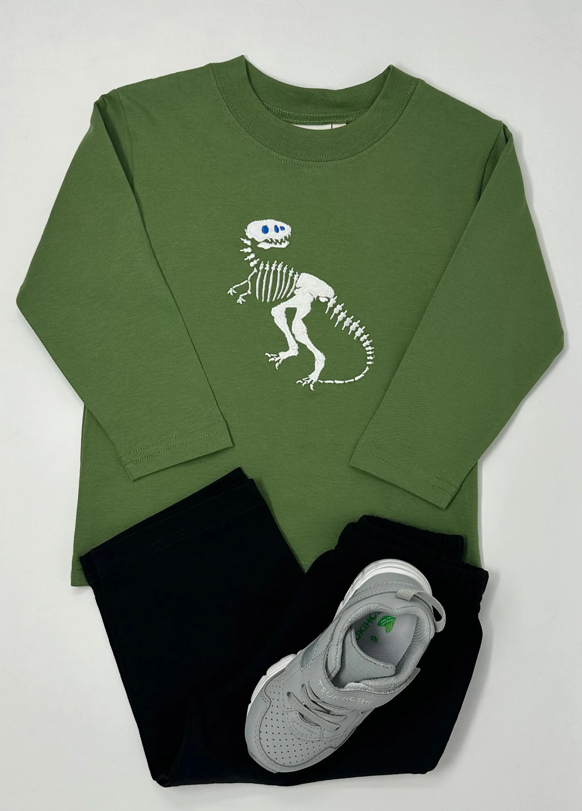 Boy's L/S T-Shirt w/ T-Rex Skeleton - Peapod Green