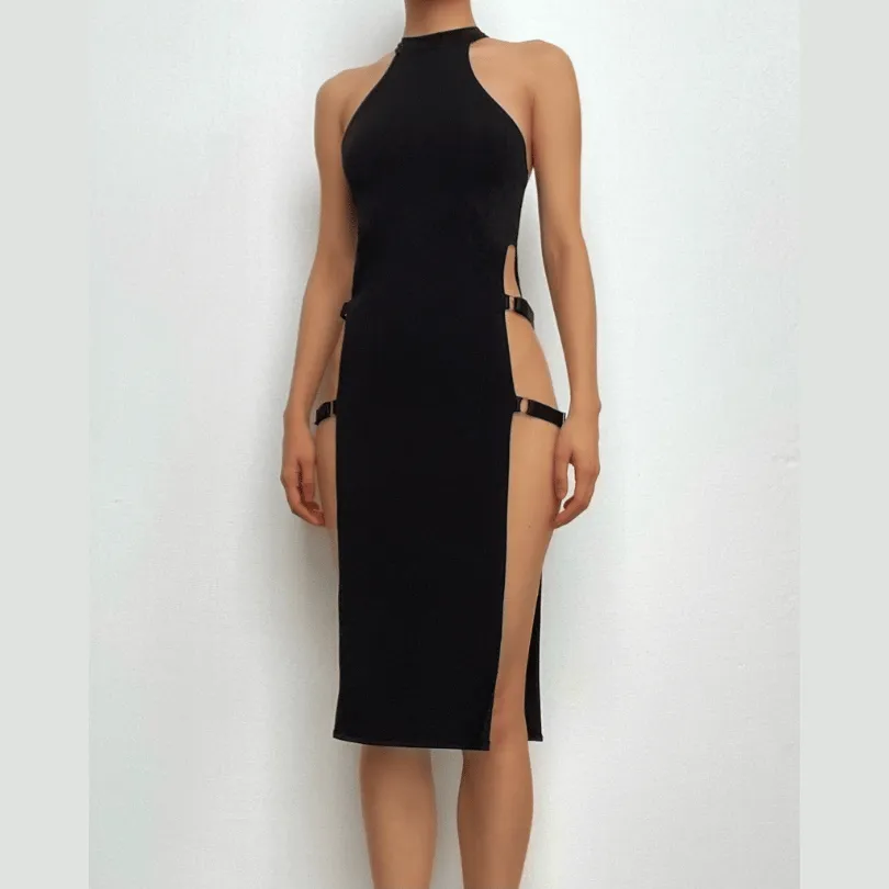 Buckle sleeveless solid slit halter mini dress