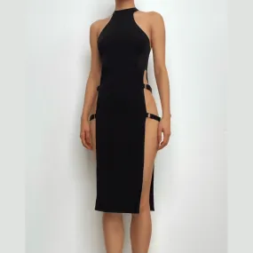 Buckle sleeveless solid slit halter mini dress