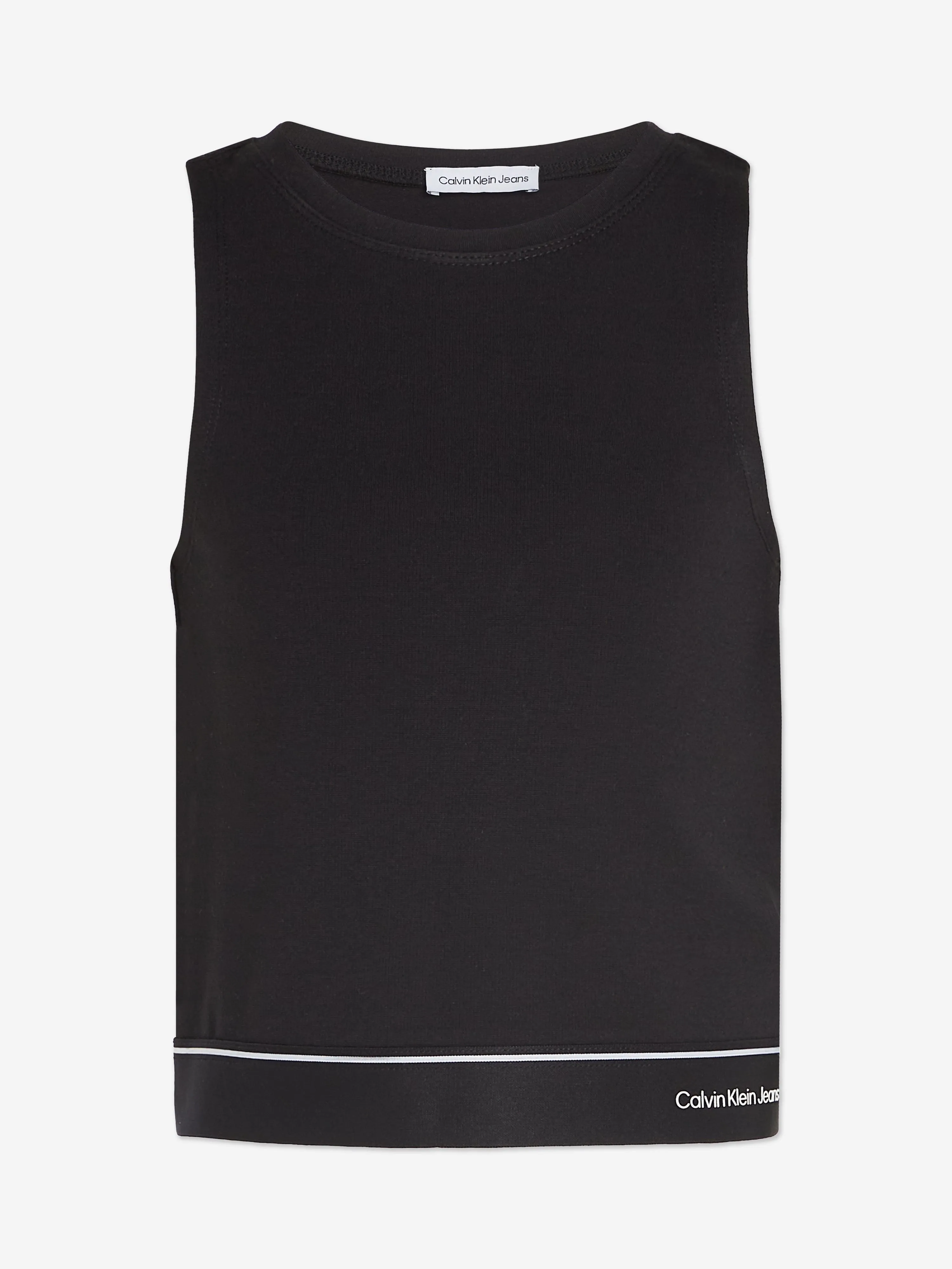 Calvin Klein Girls Logo Tape Sleeveless Punto Top in Black