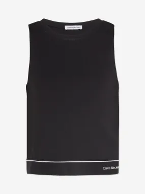 Calvin Klein Girls Logo Tape Sleeveless Punto Top in Black
