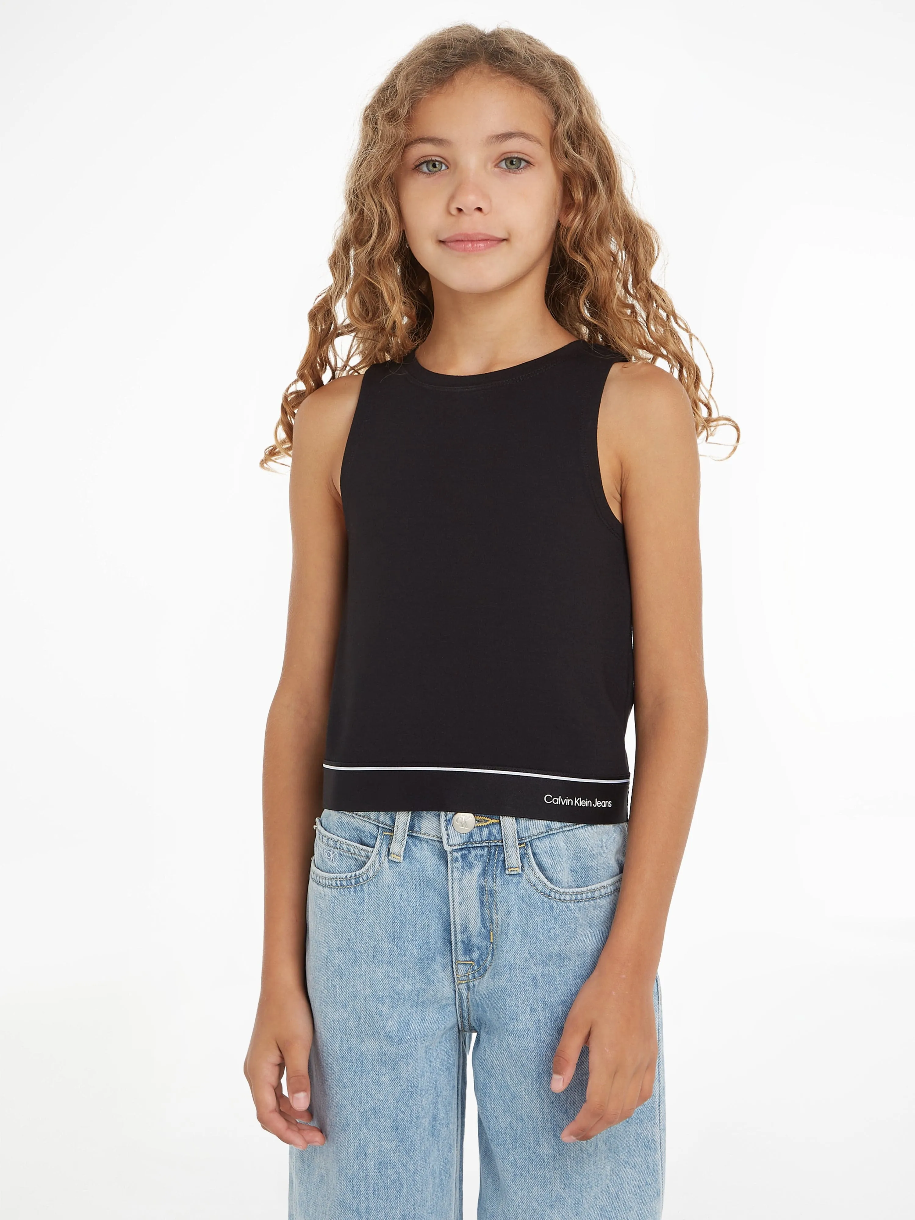 Calvin Klein Girls Logo Tape Sleeveless Punto Top in Black