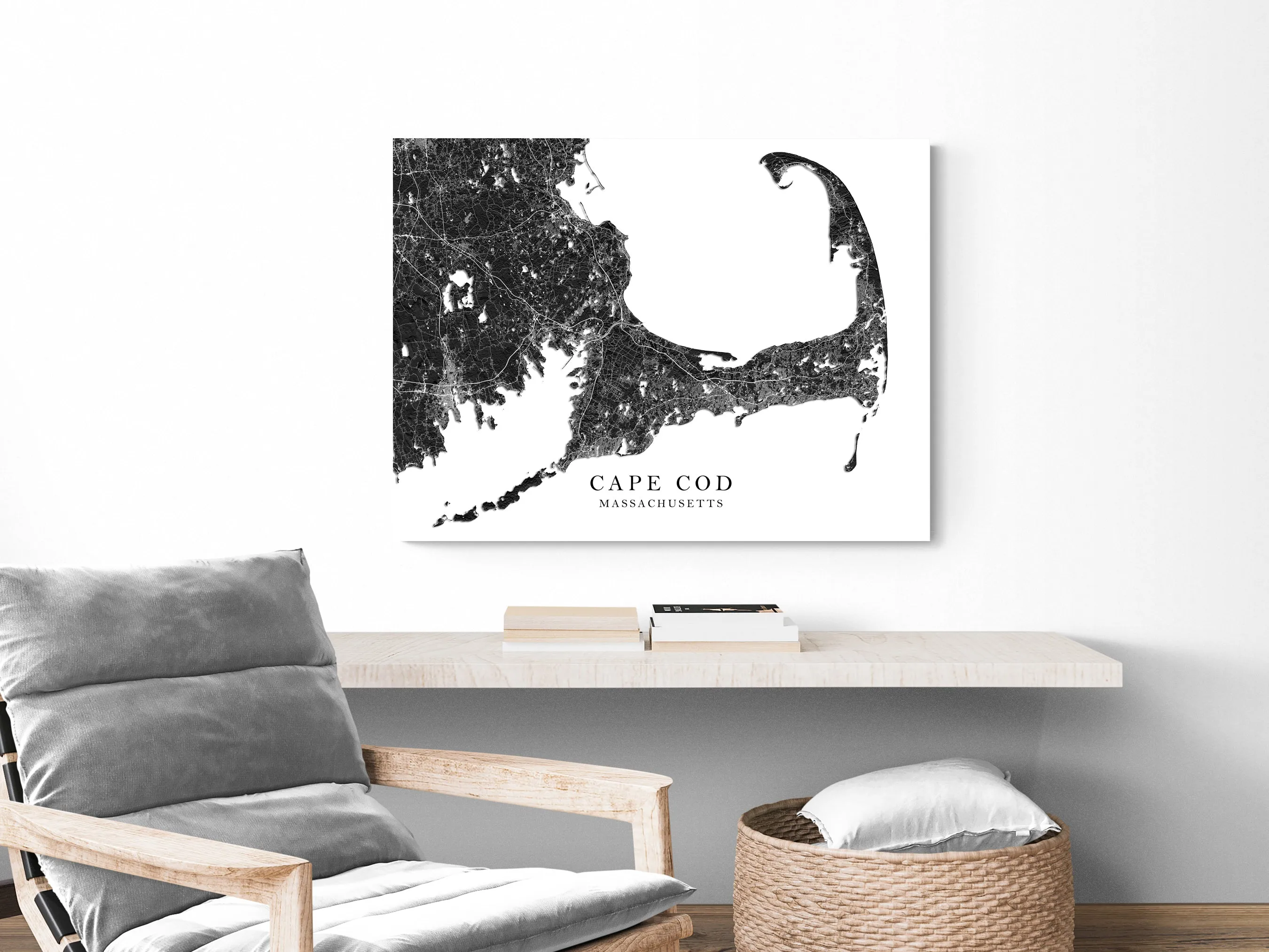 Cape Cod Map Wall Art Print Poster, Black and White Topogrpahic New England Massachusetts Maps