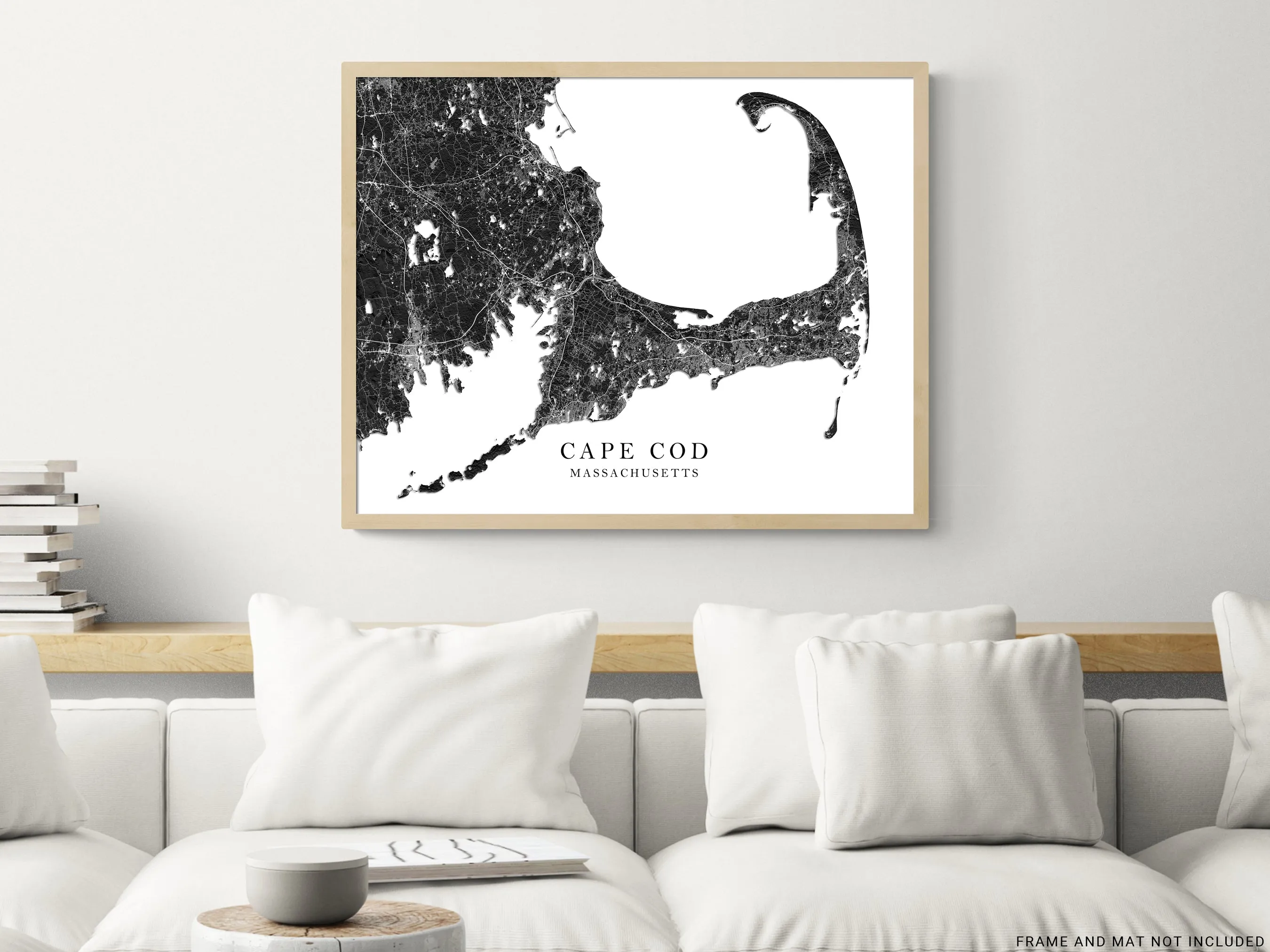 Cape Cod Map Wall Art Print Poster, Black and White Topogrpahic New England Massachusetts Maps