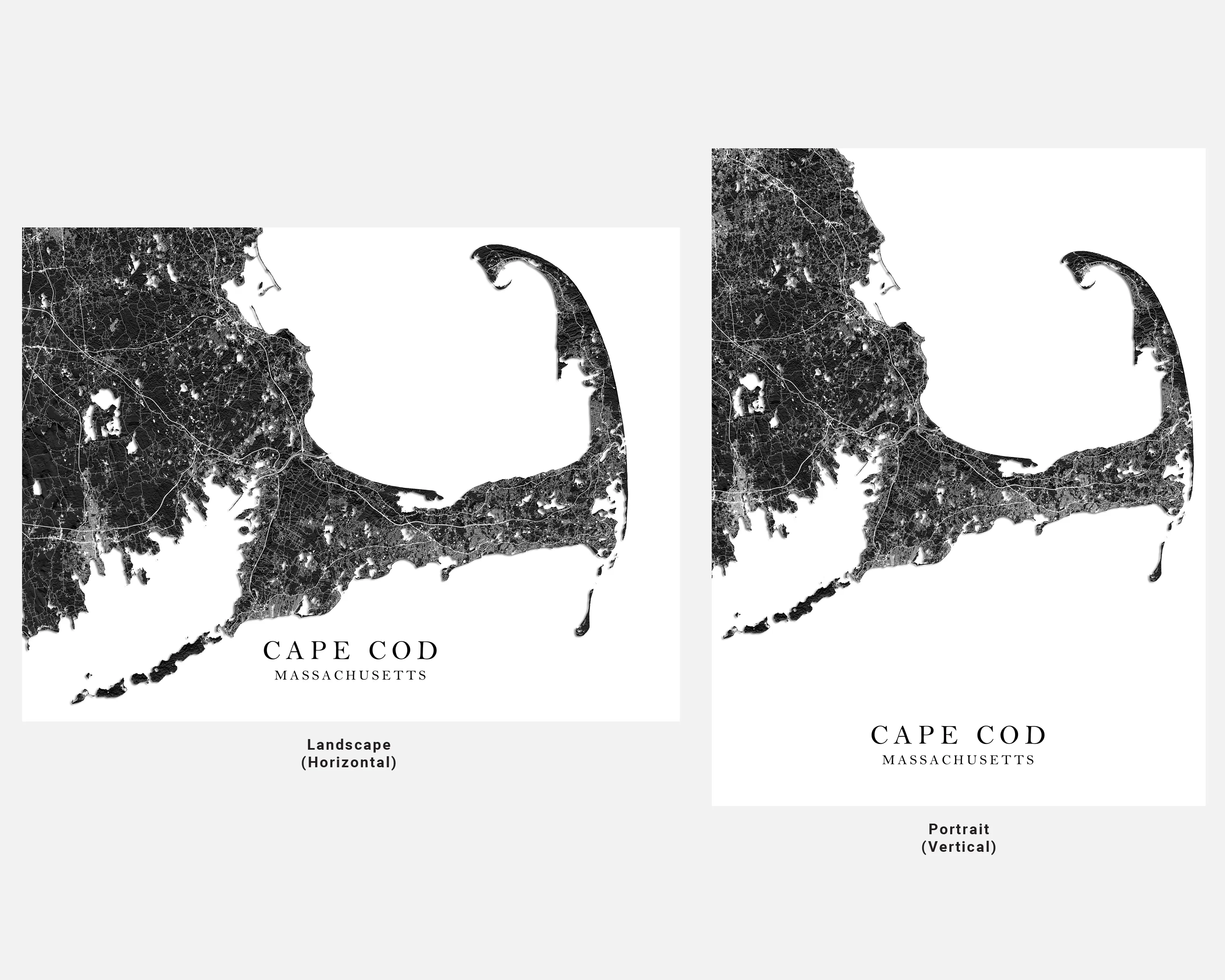 Cape Cod Map Wall Art Print Poster, Black and White Topogrpahic New England Massachusetts Maps