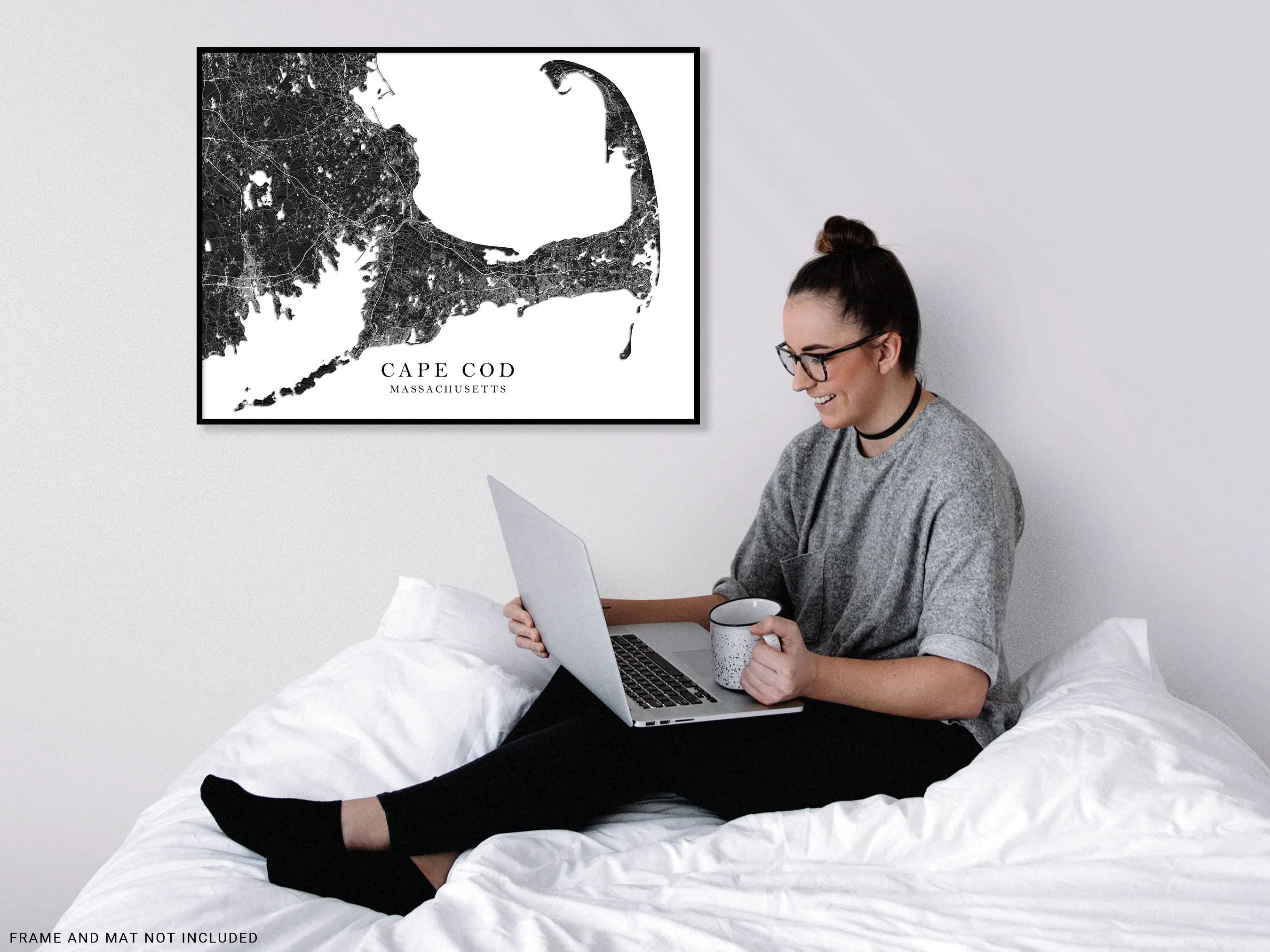 Cape Cod Map Wall Art Print Poster, Black and White Topogrpahic New England Massachusetts Maps