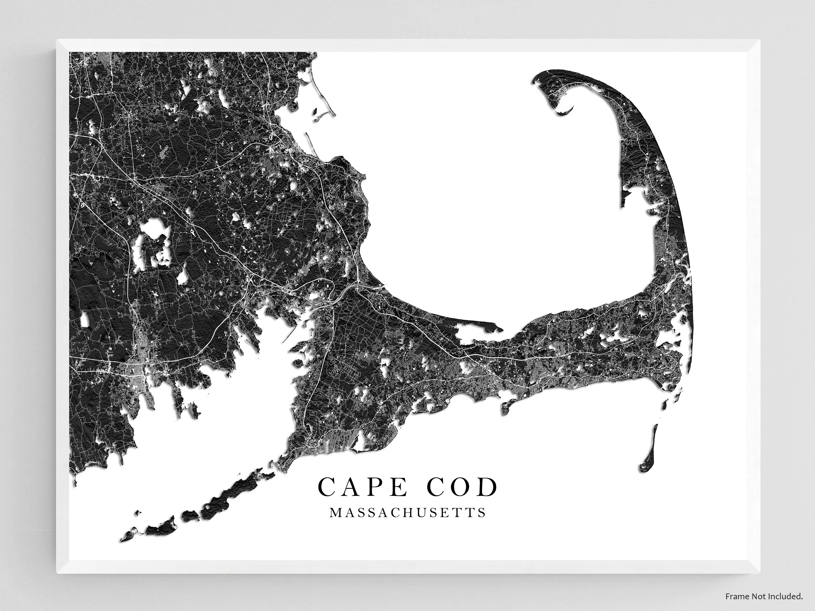 Cape Cod Map Wall Art Print Poster, Black and White Topogrpahic New England Massachusetts Maps