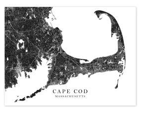 Cape Cod Map Wall Art Print Poster, Black and White Topogrpahic New England Massachusetts Maps