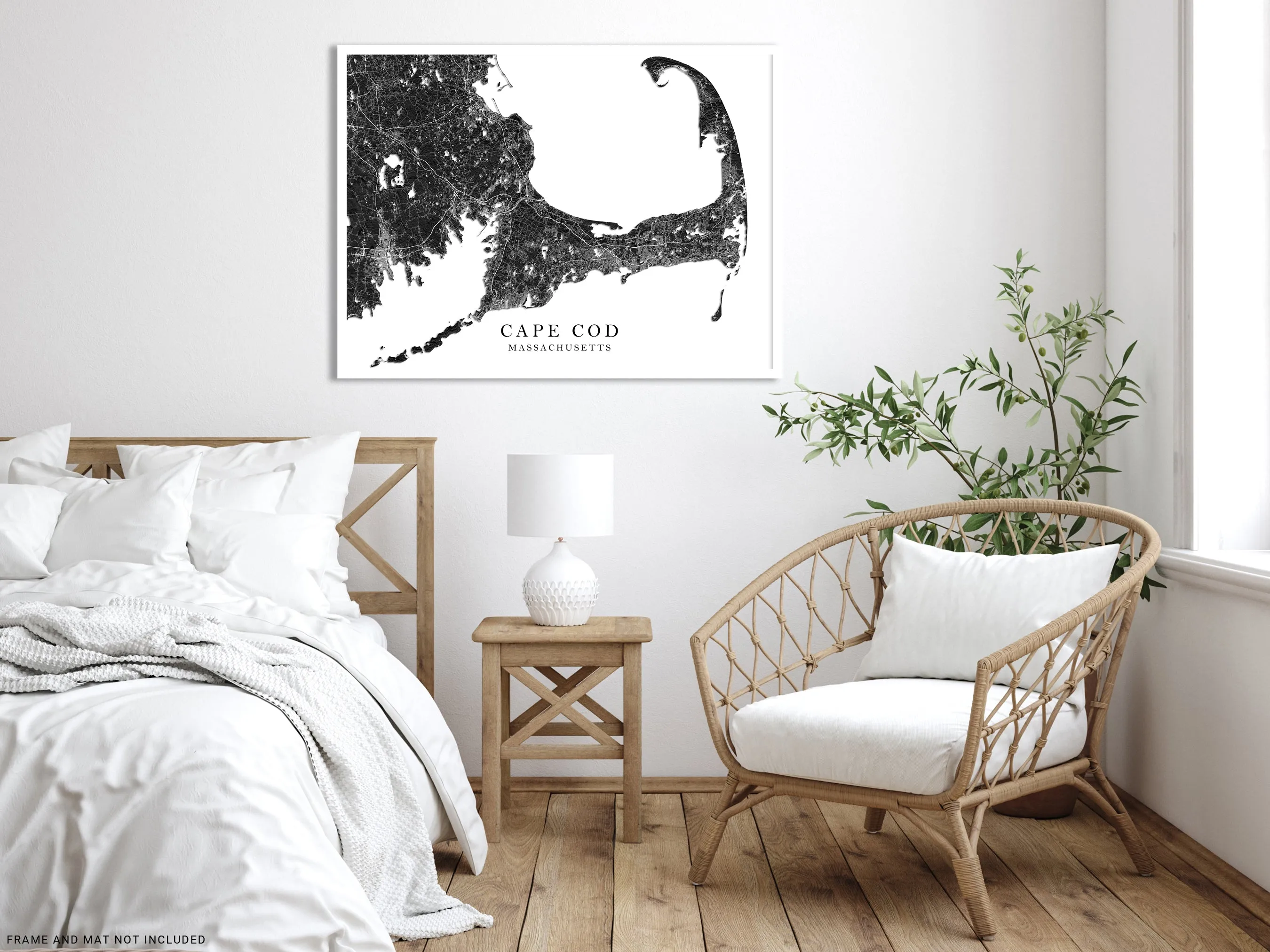 Cape Cod Map Wall Art Print Poster, Black and White Topogrpahic New England Massachusetts Maps