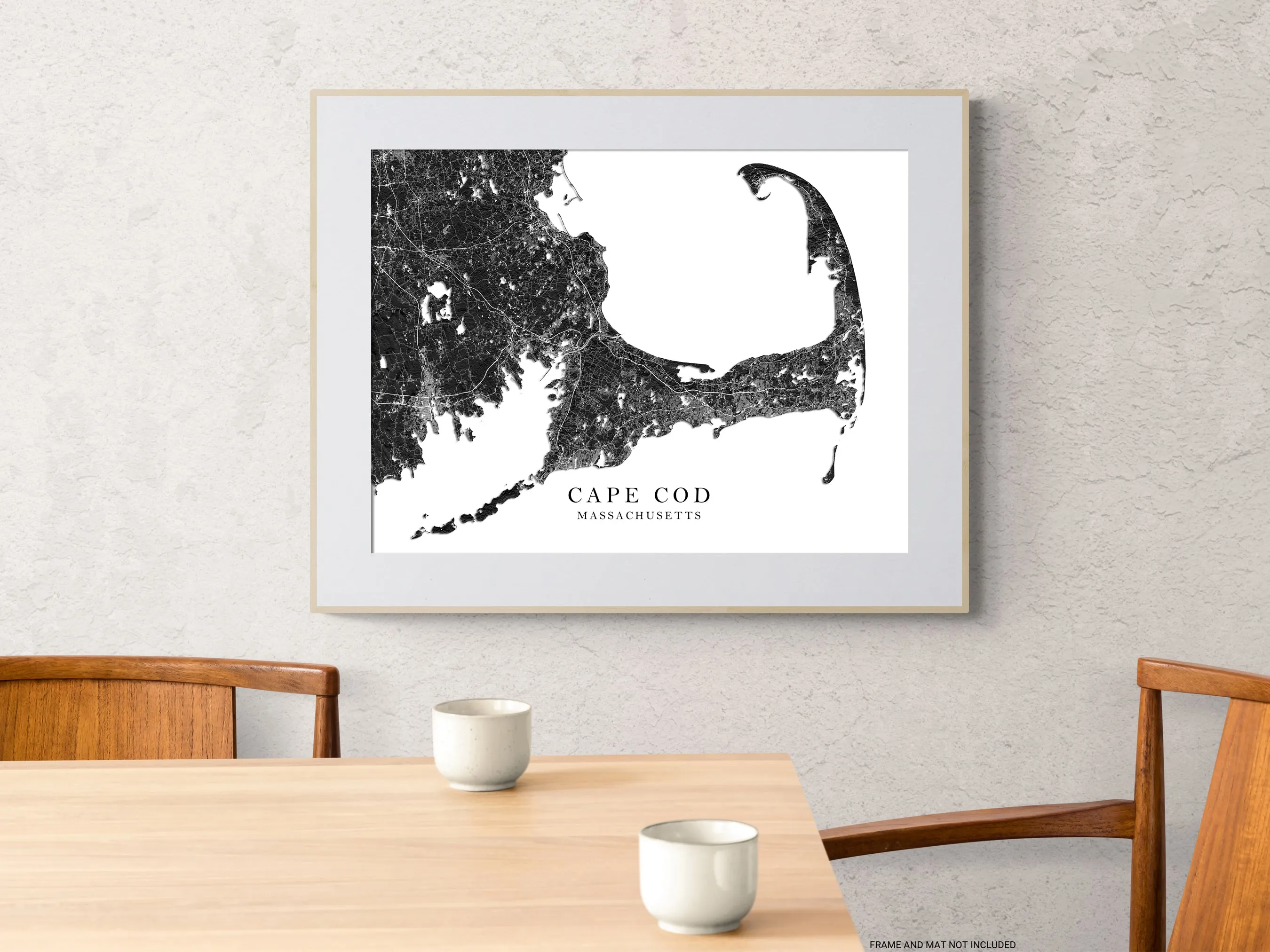 Cape Cod Map Wall Art Print Poster, Black and White Topogrpahic New England Massachusetts Maps