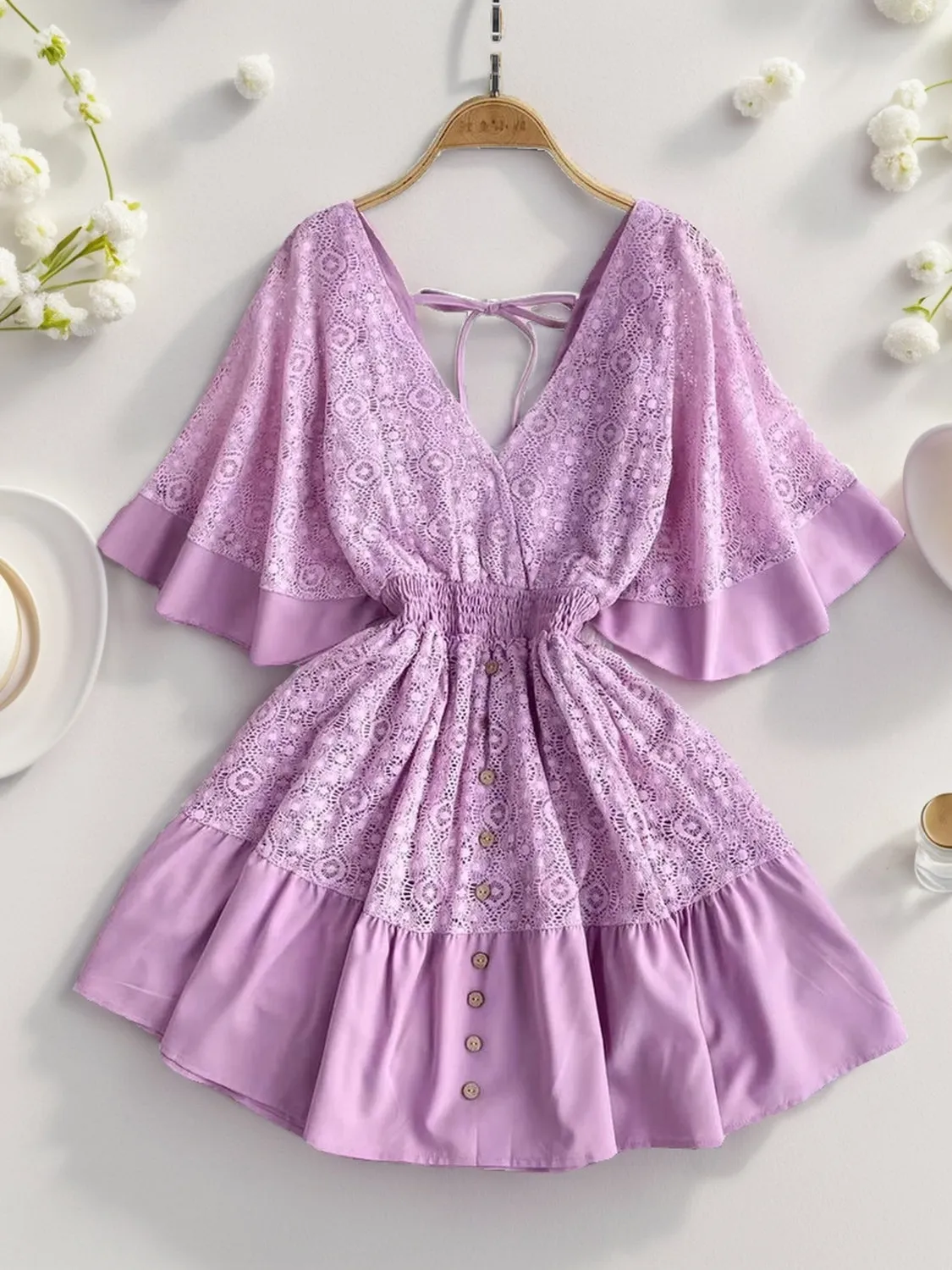 Casual Summer Dress V Neckline Lace Cutout Half Flare Sleeve Ruffle Mini Dress KESLEY