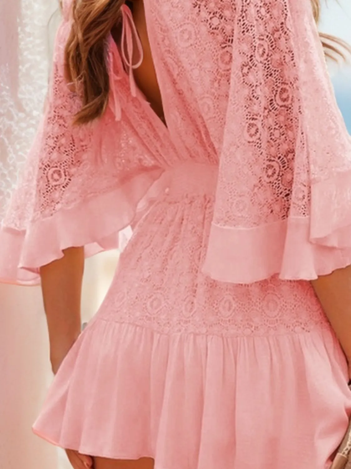 Casual Summer Dress V Neckline Lace Cutout Half Flare Sleeve Ruffle Mini Dress KESLEY
