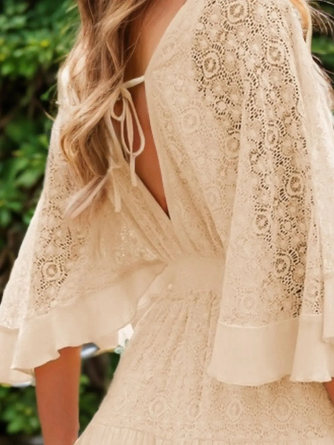 Casual Summer Dress V Neckline Lace Cutout Half Flare Sleeve Ruffle Mini Dress KESLEY