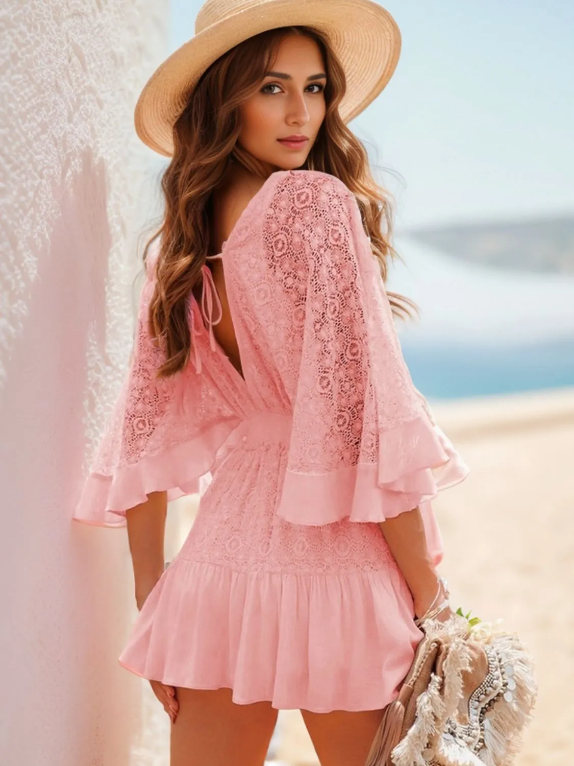 Casual Summer Dress V Neckline Lace Cutout Half Flare Sleeve Ruffle Mini Dress KESLEY