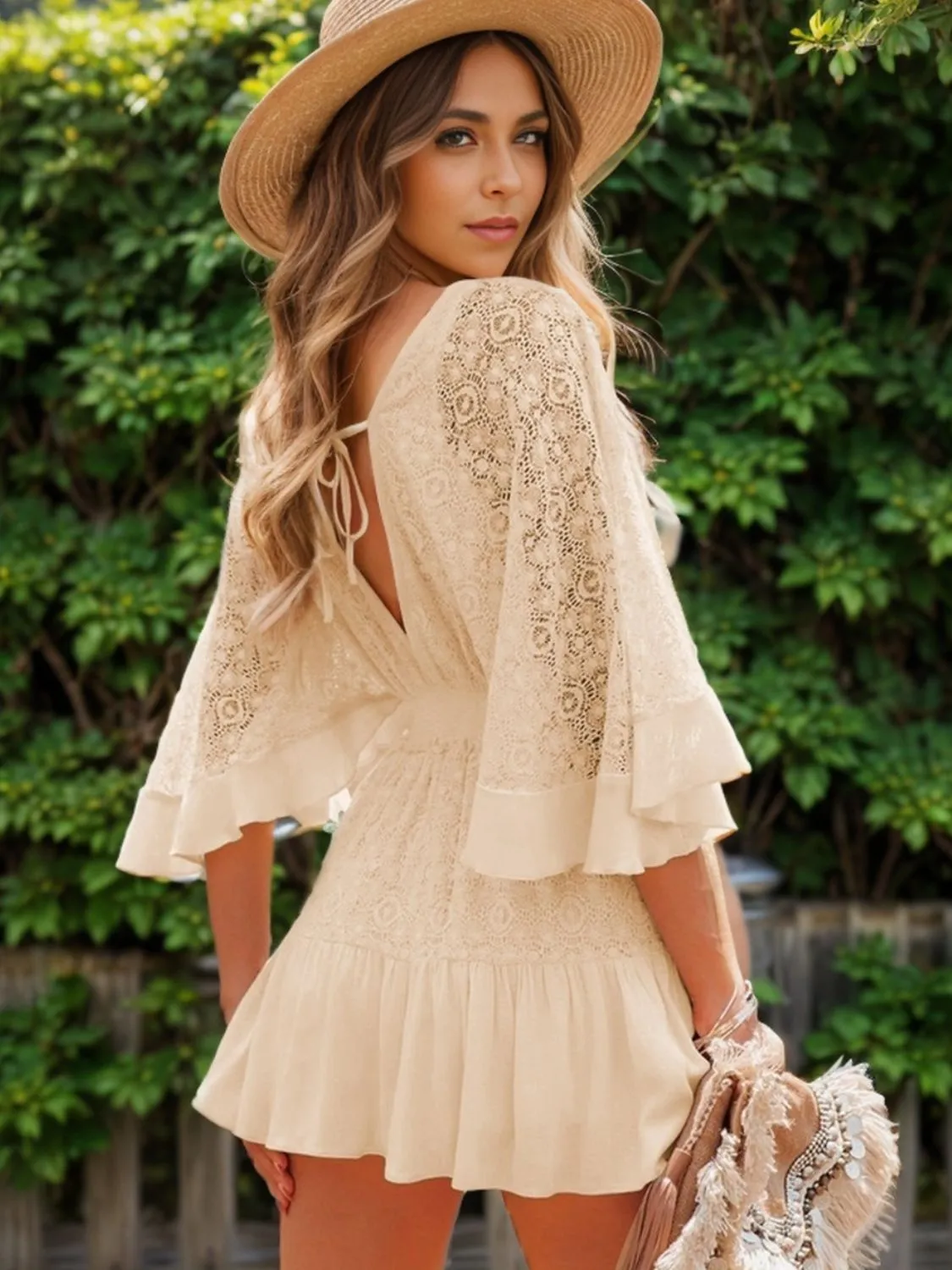 Casual Summer Dress V Neckline Lace Cutout Half Flare Sleeve Ruffle Mini Dress KESLEY