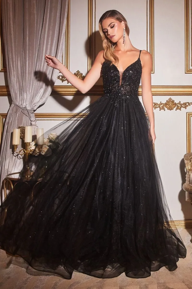 CD CD0154 - A-Line Prom Gown with Sheer Beaded Applique Bodice & Shimmer Tulle Skirt