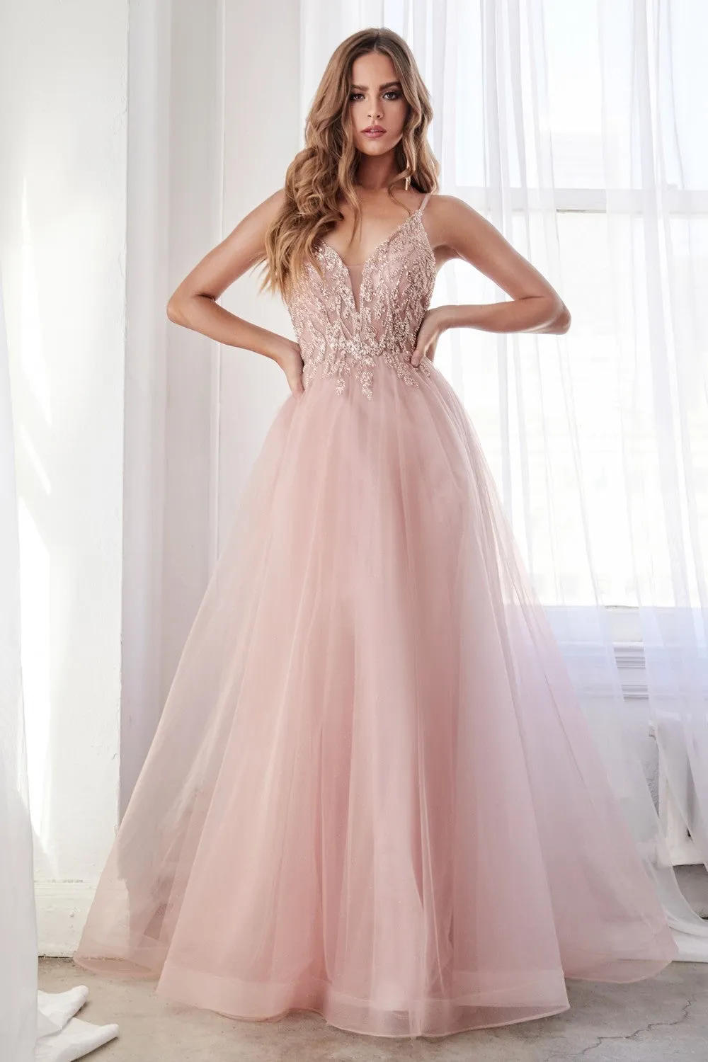 CD CD0154 - A-Line Prom Gown with Sheer Beaded Applique Bodice & Shimmer Tulle Skirt
