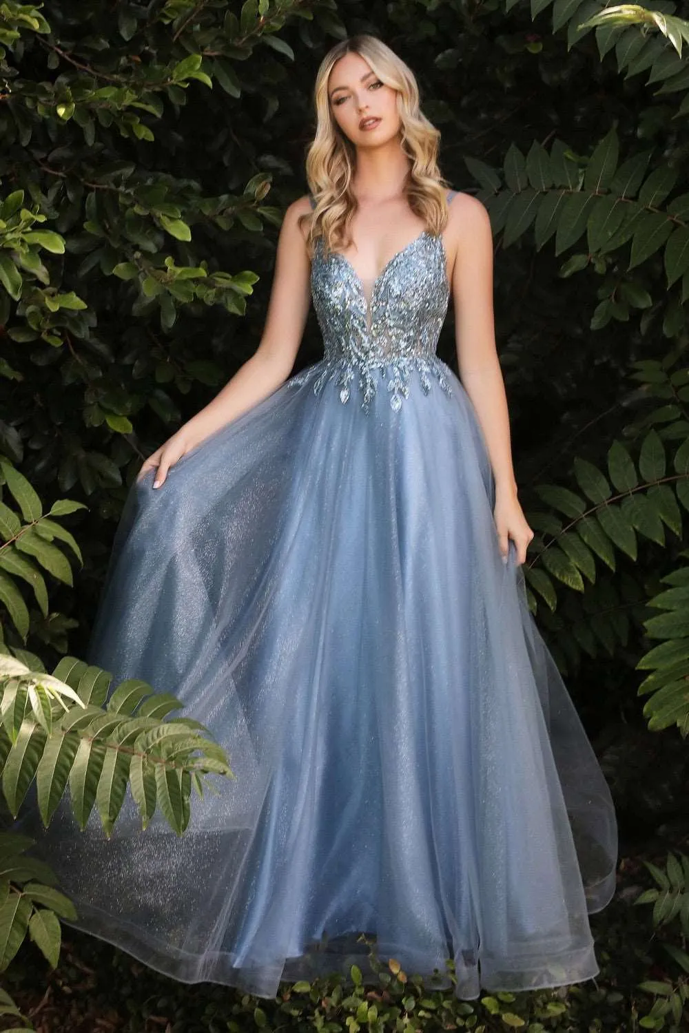 CD CD0154 - A-Line Prom Gown with Sheer Beaded Applique Bodice & Shimmer Tulle Skirt