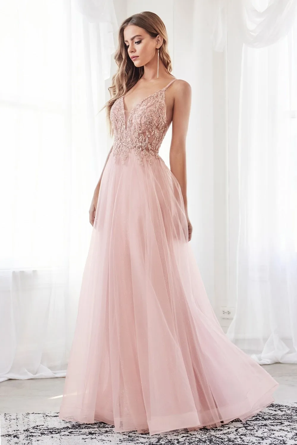 CD CD0154 - A-Line Prom Gown with Sheer Beaded Applique Bodice & Shimmer Tulle Skirt