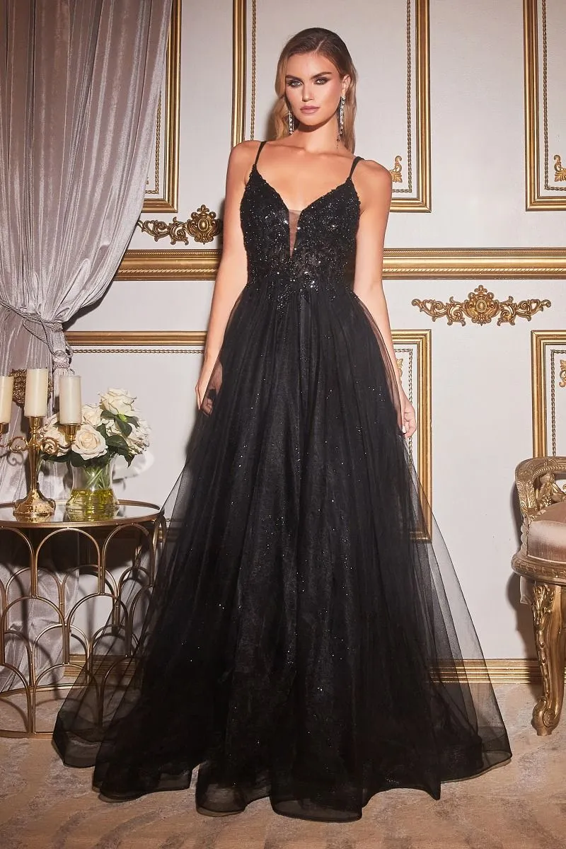 CD CD0154 - A-Line Prom Gown with Sheer Beaded Applique Bodice & Shimmer Tulle Skirt