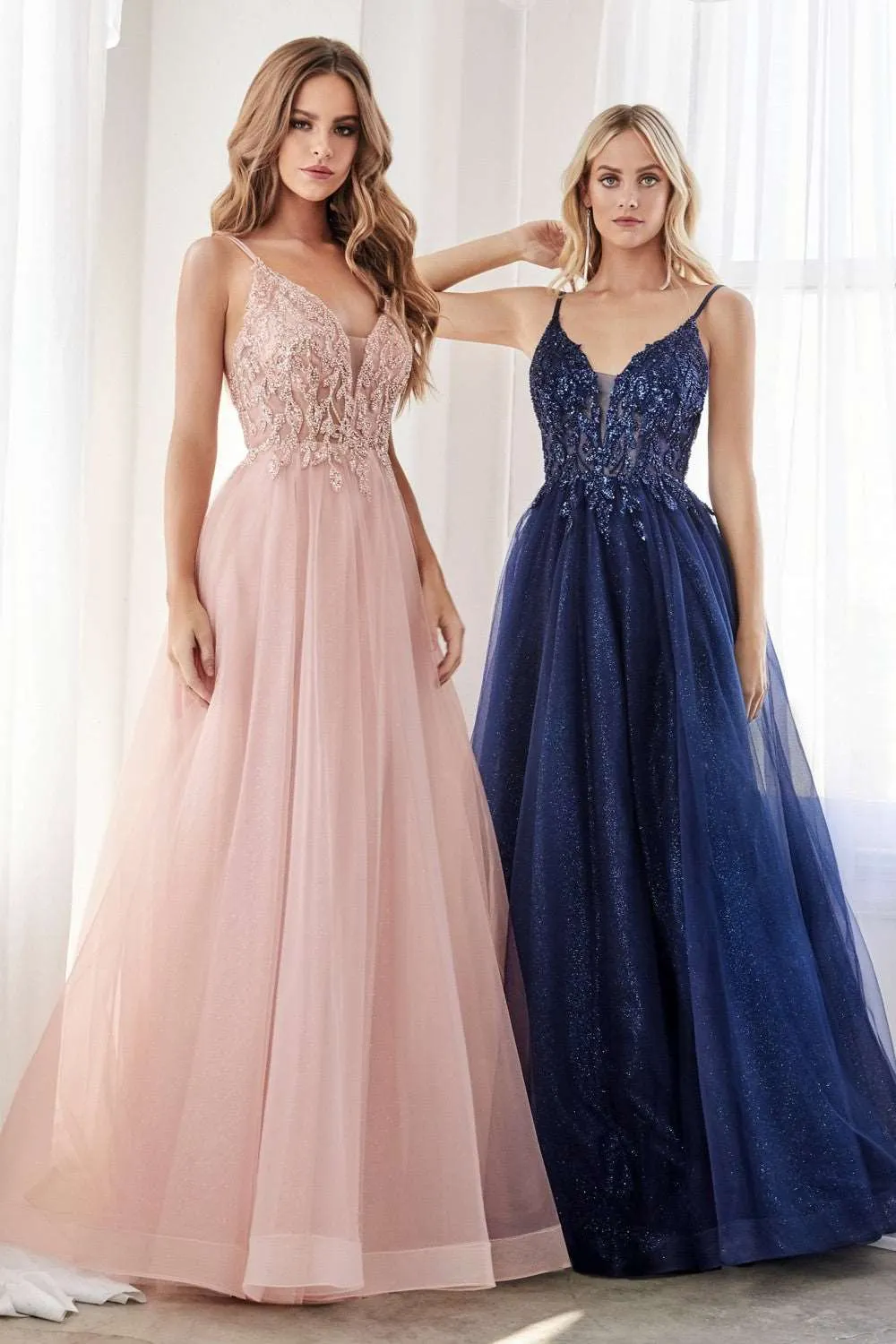 CD CD0154 - A-Line Prom Gown with Sheer Beaded Applique Bodice & Shimmer Tulle Skirt