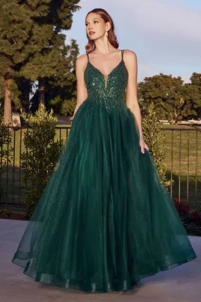 CD CD0154 - A-Line Prom Gown with Sheer Beaded Applique Bodice & Shimmer Tulle Skirt