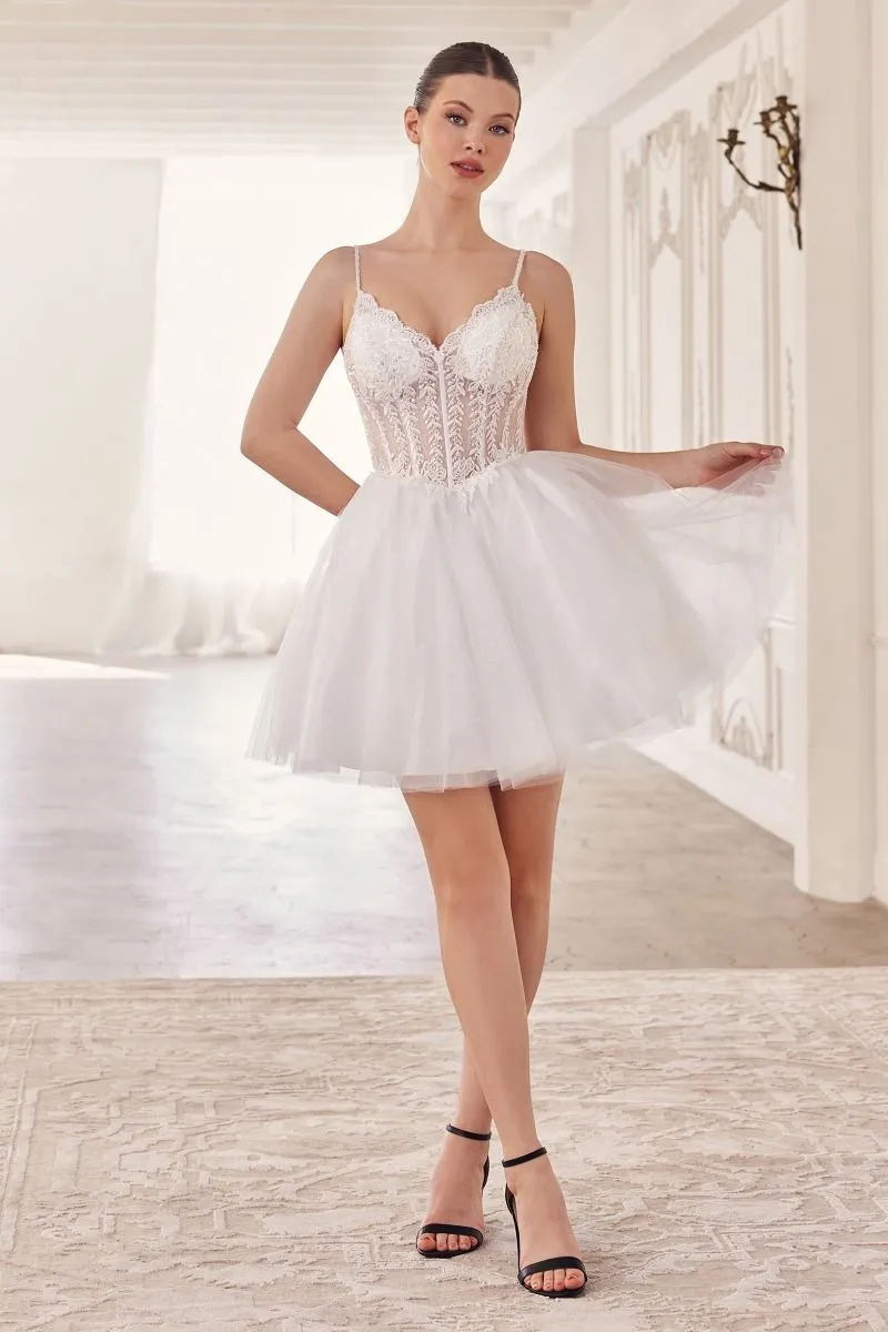CD CD0236 - Short Layered Glitter Tulle A-line Homecoming Dress with Sheer Beaded Lace Appliqued V-Neck Bodice