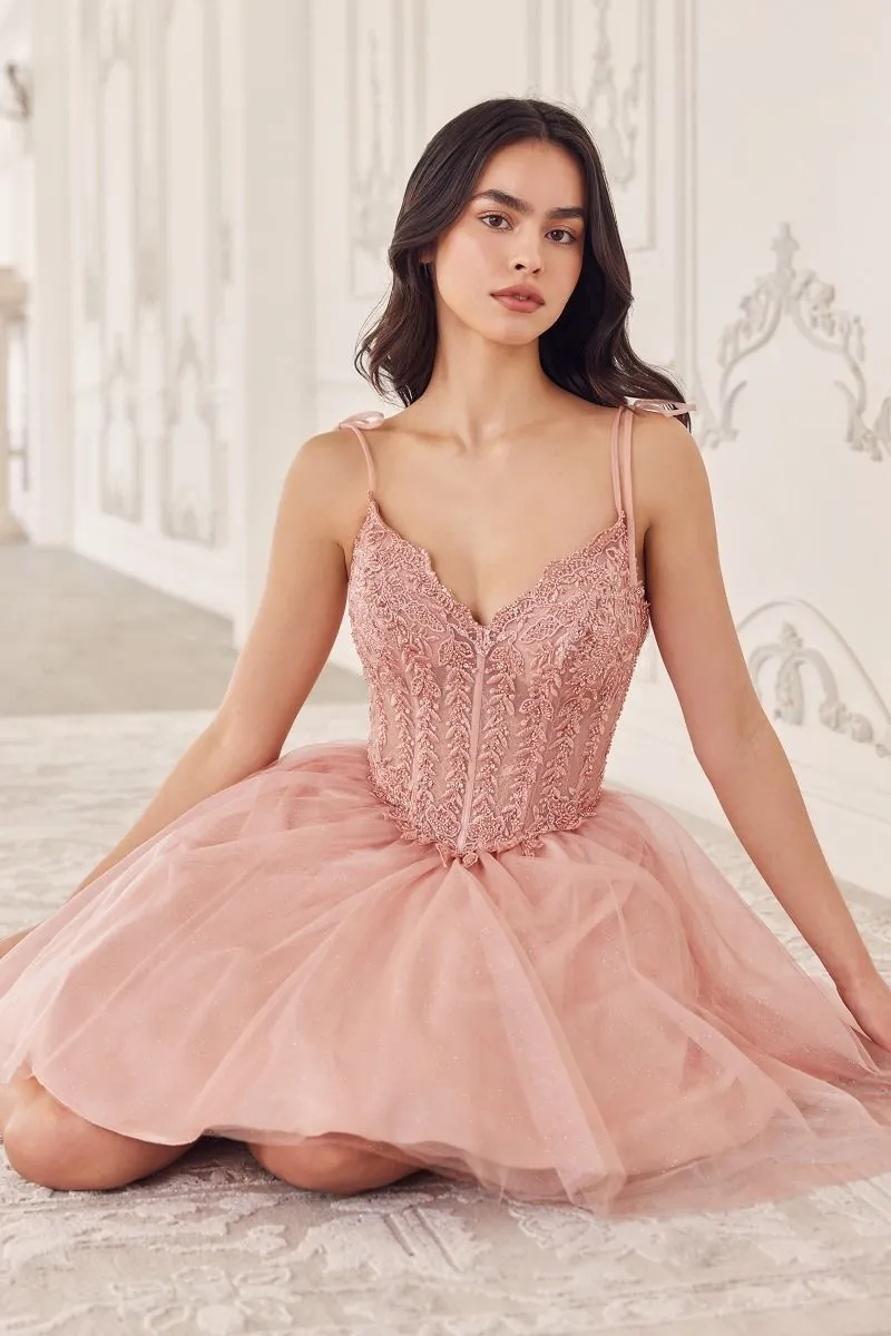 CD CD0236 - Short Layered Glitter Tulle A-line Homecoming Dress with Sheer Beaded Lace Appliqued V-Neck Bodice