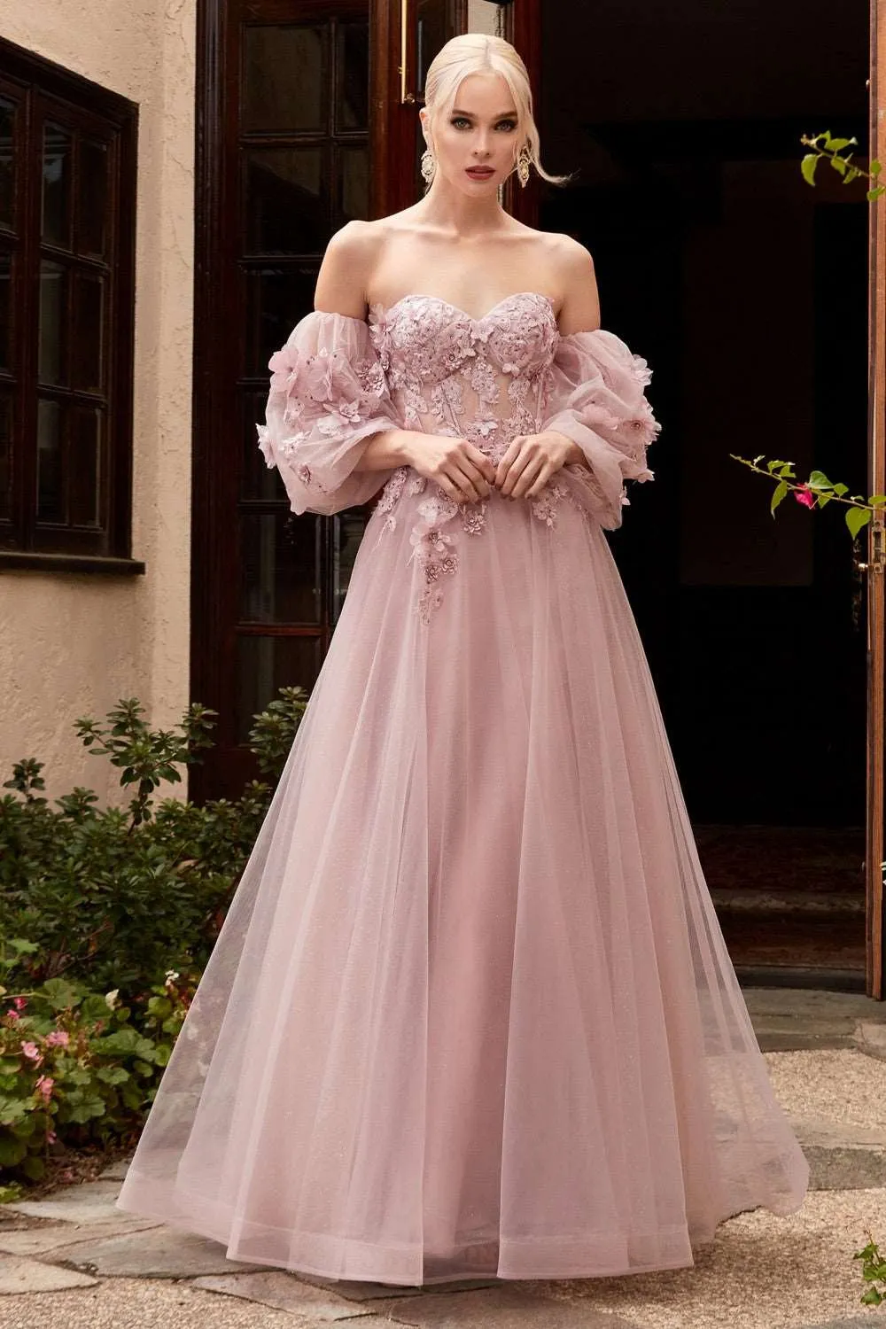 CD CD962 - Strapless A-Line Prom Gown with Sheer 3D Floral Boned Bodice Removeable Puff Sleeves & Layered Luminescent Tulle Skirt