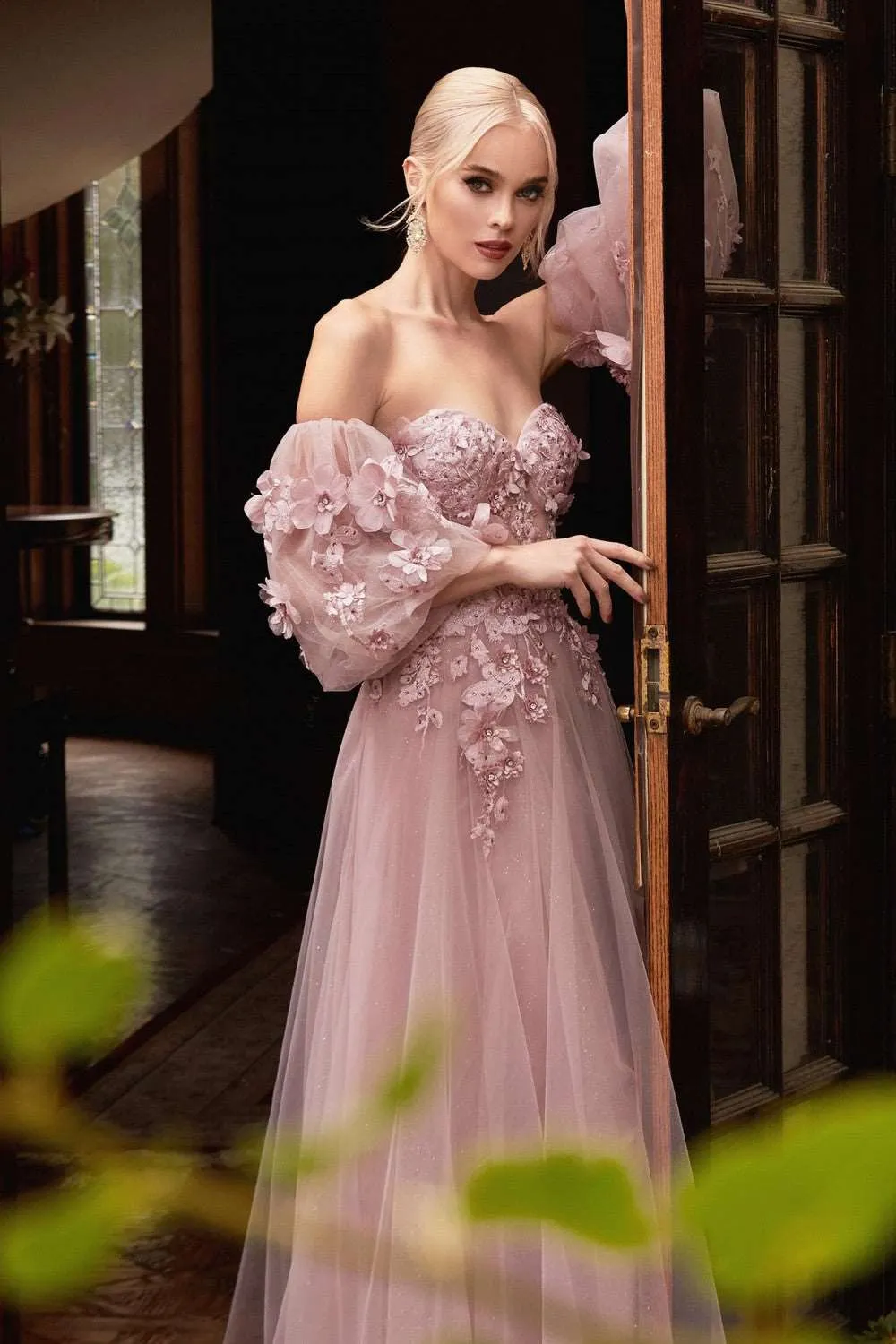CD CD962 - Strapless A-Line Prom Gown with Sheer 3D Floral Boned Bodice Removeable Puff Sleeves & Layered Luminescent Tulle Skirt