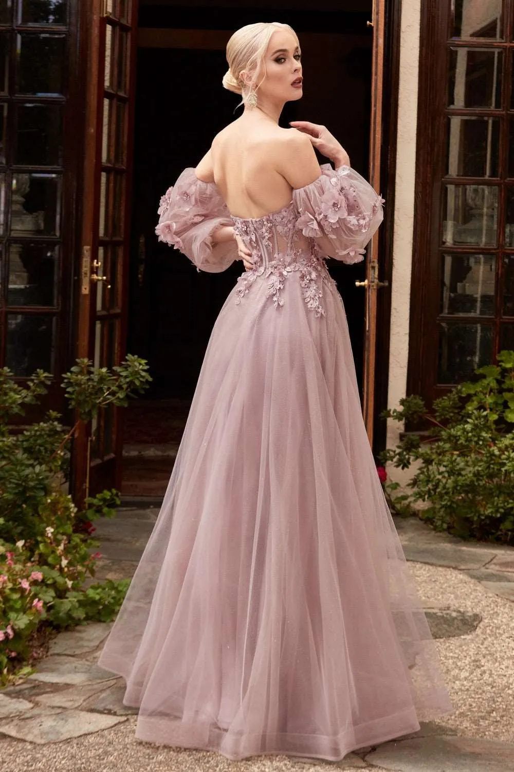 CD CD962 - Strapless A-Line Prom Gown with Sheer 3D Floral Boned Bodice Removeable Puff Sleeves & Layered Luminescent Tulle Skirt