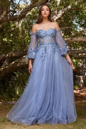 CD CD962 - Strapless A-Line Prom Gown with Sheer 3D Floral Boned Bodice Removeable Puff Sleeves & Layered Luminescent Tulle Skirt