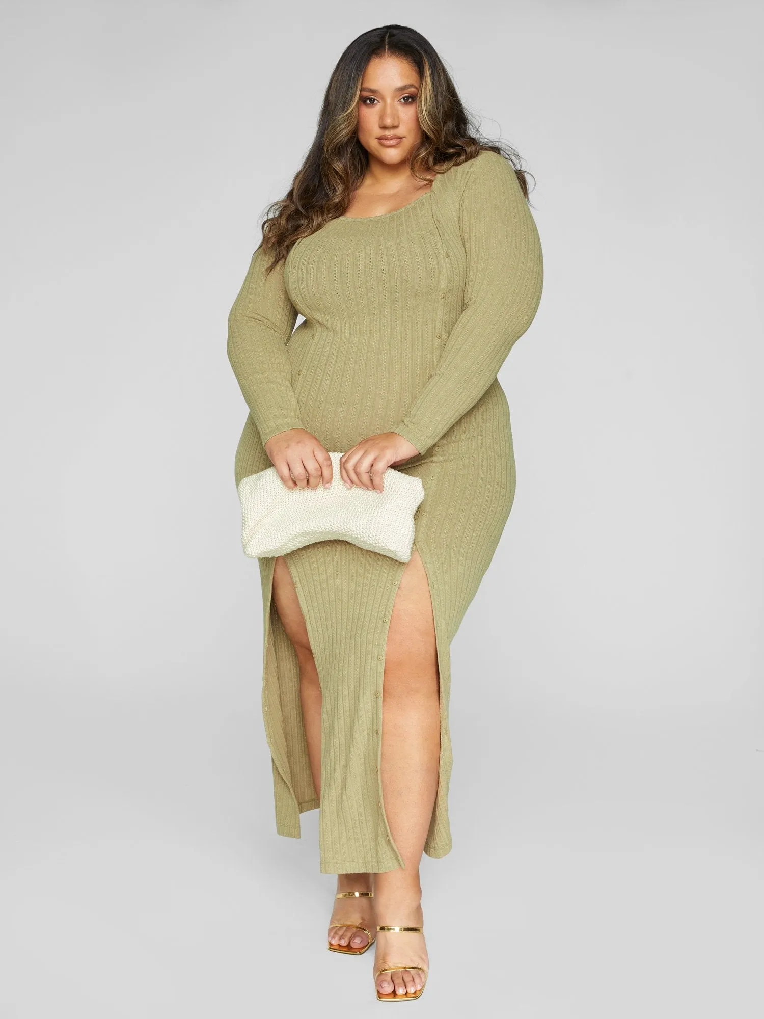 Cece Ribbed Knit Button Detail Maxi Dress